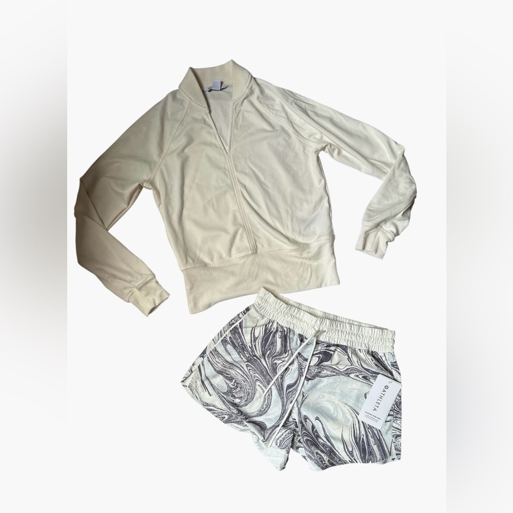 Athleta Cream Set Women’s Ribbed Jacket‎ Sz XS & Shorts Size XS